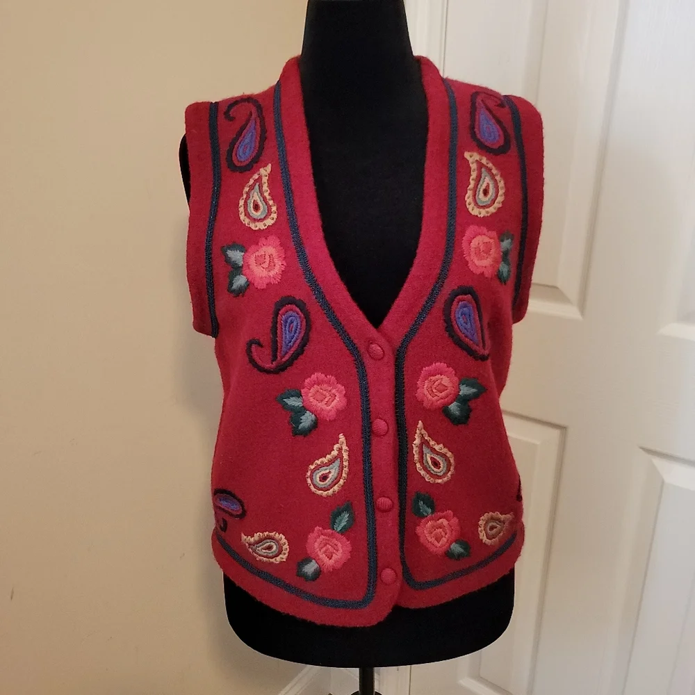 Alfred Dunner Vintage Wool Brick Red Embroidered Floral Paisley & Vest Size S
